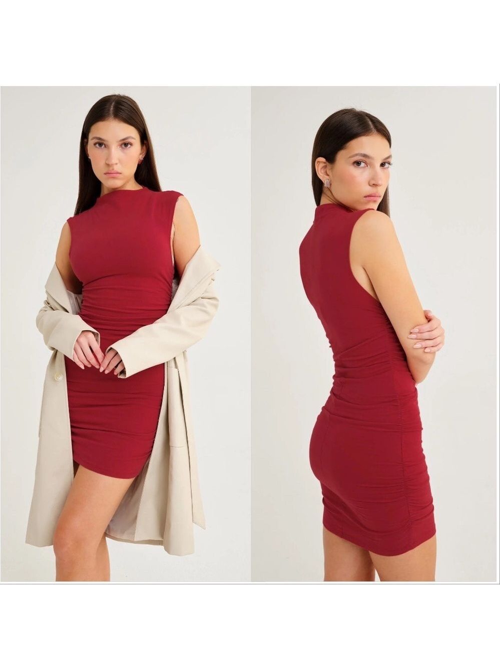 Rumored Minimalist Mini Dress XS Red Ruched 100% Cotton natural fibers